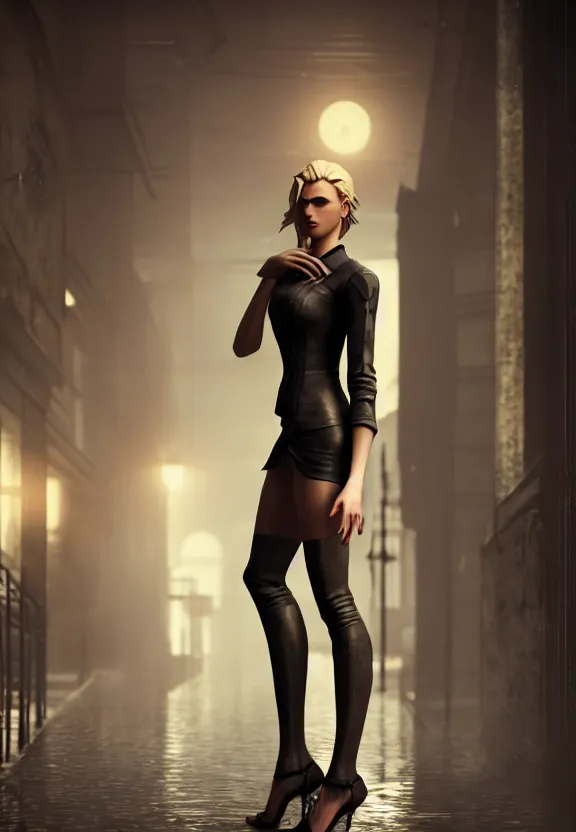 Image similar to beautiful model annie leonhart posing with open toe heels in dunwall city, beautiful face, detailed face, cinematic lighting, rainy weather, melancholy atmosphere, volumetric light, octane render, dishonored 1, gothic architecture, realistic reflections, octane render 8 k, model agency, playboy cover shot