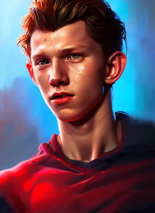 Image similar to portrait of tom holland with hazel eyes, hazel colored eyes, red shirt, intricate, elegant, glowing lights, highly detailed, digital painting, artstation, concept art, smooth, sharp focus, illustration, art by wlop, mars ravelo and greg rutkowski