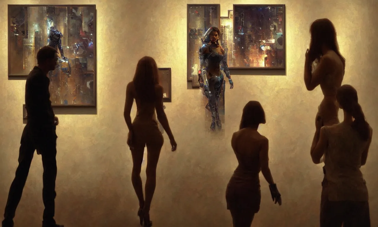 Image similar to photorealistic painting by craig mullins. a cyborg in an art gallery looking at a painting of a beautiful woman staring back at the cyborg. intricate details