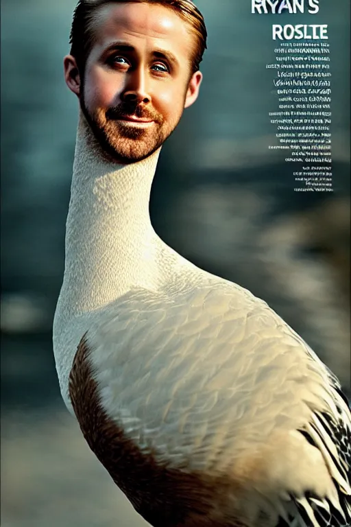 Image similar to ryan gosling fused with a goose, construction, natural light, bloom, detailed face, magazine, press, photo, steve mccurry, david lazar, canon, nikon, focus