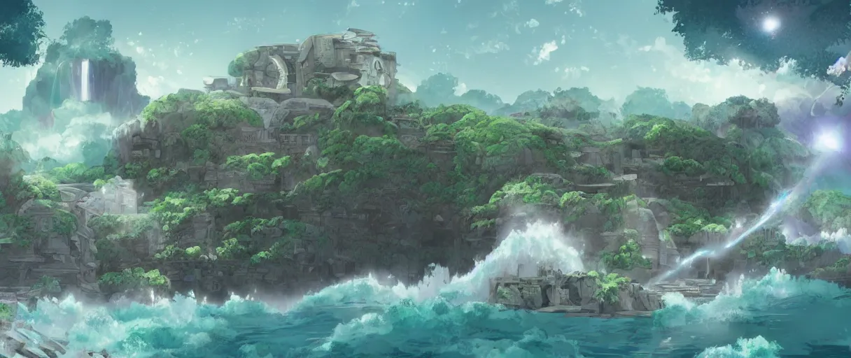 Image similar to a small crumbling island in space with waterfalls, studio ghibli, digital art, detailed, depth of field