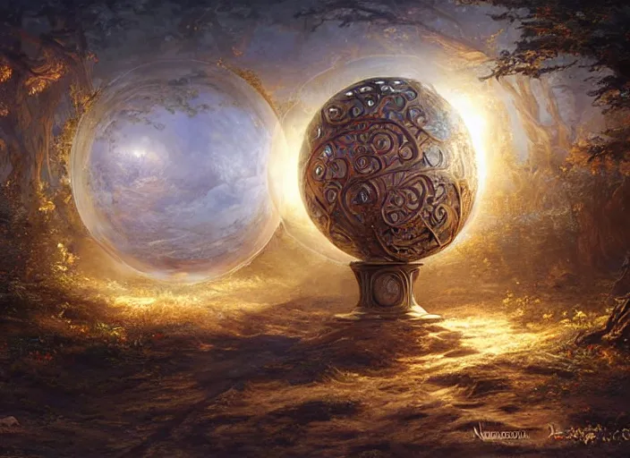 Prompt: large rustic intricately decorated wood gate, a view to an eerie fantasy world, glowing sphere, ethereal back light, mist, coherent composition, detailed fantasy painting by artgerm, noriyoshi ohrai, yuumei