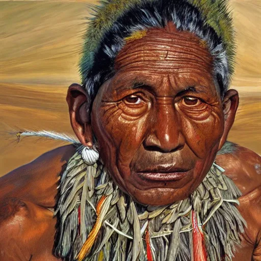 Image similar to high quality high detail painting by lucian freud, hd, portrait of a indigenous tribe leader with colored face, photorealistic lighting
