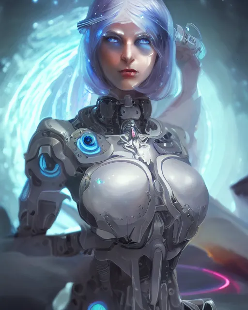 Image similar to holy cyborg necromancer girl, elegant, scifi, futuristic, utopia, garden, illustration, atmosphere, top lighting, blue eyes, white hair, focused, artstation, highly detailed, art by yuhong ding and chengwei pan and serafleur and ina wong