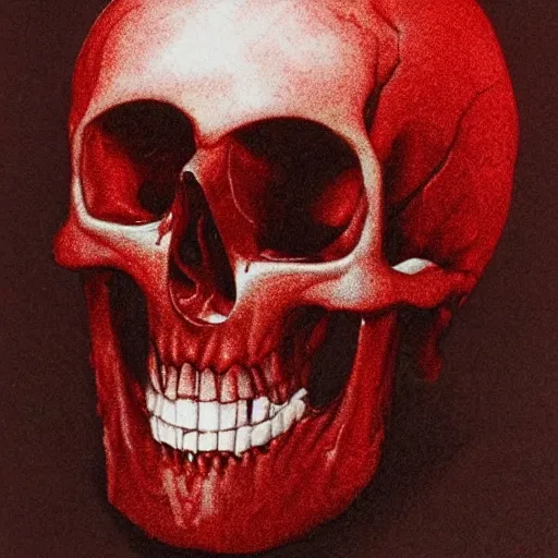 Image similar to turbulent red liquid inside in a transparent skull by akira toriyama