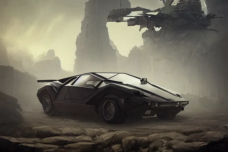 Image similar to dieselpunk countach, highly detailed, digital painting, artstation, concept art, sharp focus, illustration, art by raphael lacoste and greg rutkowski