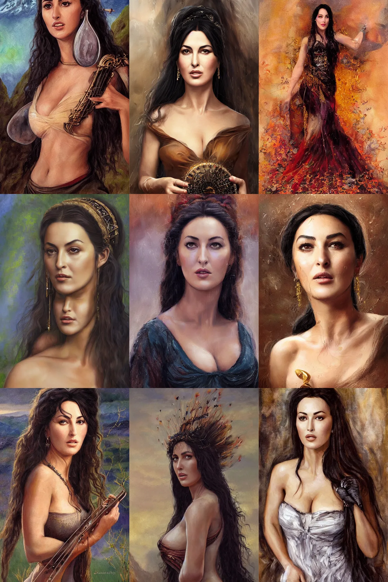 Image similar to a full body high detail fantasy portrait oil painting illustration of young monica bellucci as a beautiful sophisticated singing bard woman by justin sweet with face and body clearly visible, in a scenic background, pupils visible, realistic proportions, d & d, rpg, forgotten realms, artstation trending, high quality, sombre mood, artstation trending, muted colours, entire person visible!