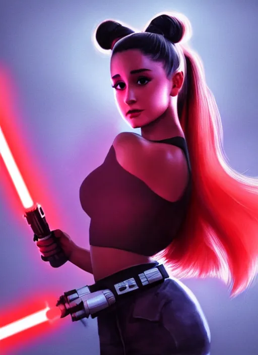 Image similar to Photo of Ariana Grande with a red lightsaber, Star Wars concept art, trending on artstation, dramatic lighting, photo-realistic