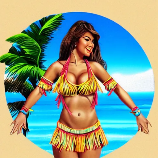 Image similar to beautiful hula dancer in a bikini on the beach drawn by artgerm