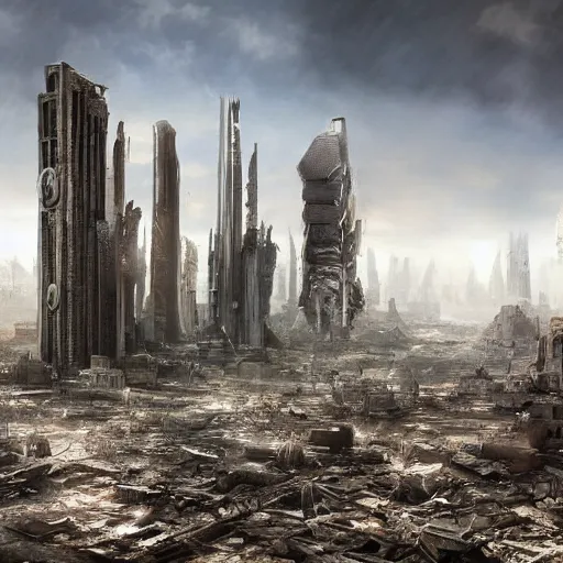 Prompt: the ruins of a futuristic city in a post-apocalyptic world, photography, award winning, 8k