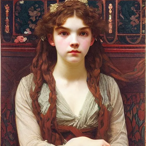 Image similar to a realistic face portrait of a teenage girl who looks lie Uma Thurmond and Anya Taylor Joy with an anxious expression and parted lips, wearing a nightgown, by Frederic Leighton, Alphonse Mucha, Edward Burne Jones
