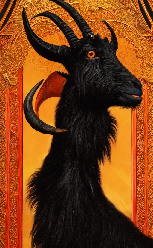 Prompt: a detailed portrait of a black goat on a golden throne, in a red river, concept art, deep focus, intricate, highly detailed, digital painting, artstation, matte, sharp focus, illustration, art by greg rutkowski and alphonse mucha