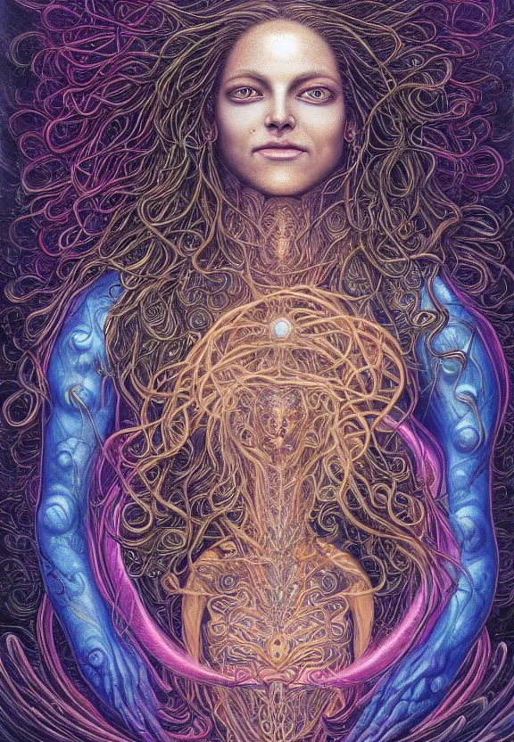 Image similar to perfectly centered full body front view of a beautiful biomechanical moon goddess, flowing hair, intense stare, sweet smile, symmetrical, concept art, intricate detail, volumetric shadows and lighting, psychedelic colors, realistic oil painting, alex grey, gustave dore,