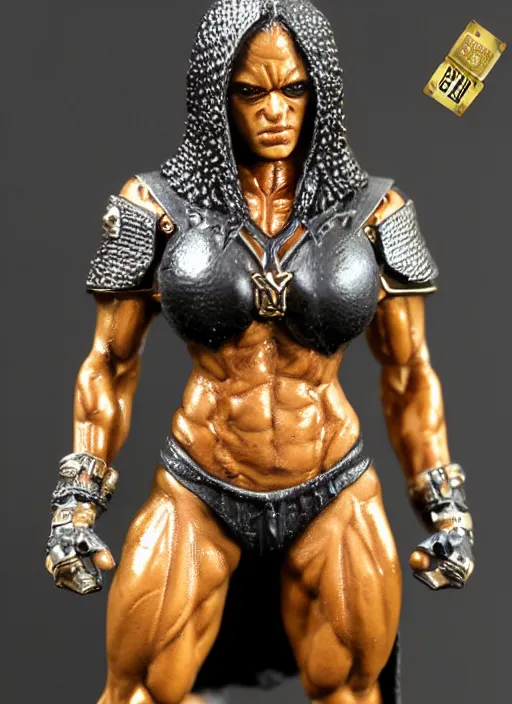 Image similar to 80mm resin detailed miniature of a Very Muscular Queen, angry, black skin, long cloak, bikini-armor, iron crown, Shaved Skinhead, on textured disc base, Company logo in upper left corner; Miniature product Photo, 4K, Full body
