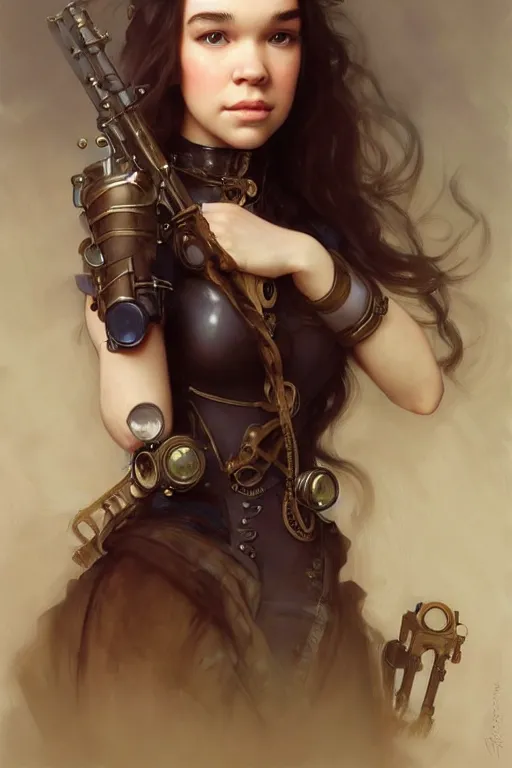 Image similar to hailee steinfeld as a steampunk woman with pale ski, intricate, elegant, digital painting, concept art, smooth, sharp focus, illustration, by ruan jia and mandy jurgens and william - adolphe bouguereau, artgerm