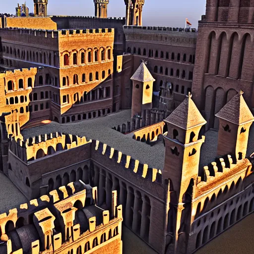 Image similar to Aerial long shot of epic medieval city of epic stone-brick buildings with european arched doorways, crenellated balconies, wood ornaments, flagpoles, tiny ornate windows, planned by Syd Mead, Arnold Render, Quixel Megascans