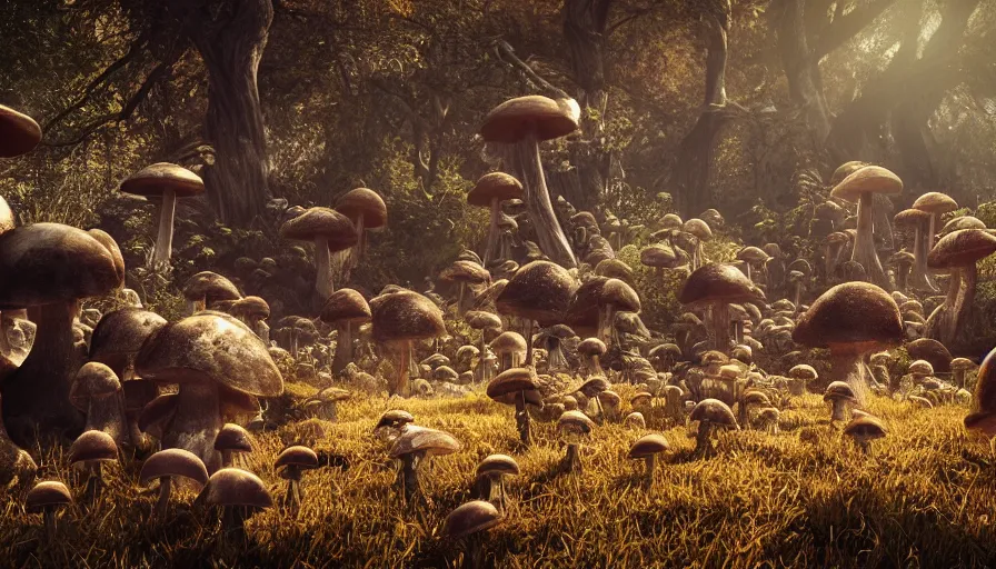 Prompt: hyper realistic highly detailed nature photography of mushroom infested skeleton zombies, prehistoric planet, volumetric lighting, octane render, 4 k resolution, golden hour