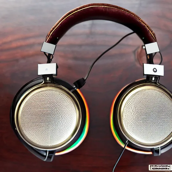 Image similar to masterpiece photo of beautiful crafted artistic bismuth metal headphones, bismuth rainbow metal, bismuth cups, leather padding, displayed on mahogany desk, modernist headphones, bismuth headphones beautiful well designed, hyperrealistic, audiophile, intricate hyper detail, extreme high quality, photographic, meze audio, sennheiser, hifiman, artstation, abyssal audio