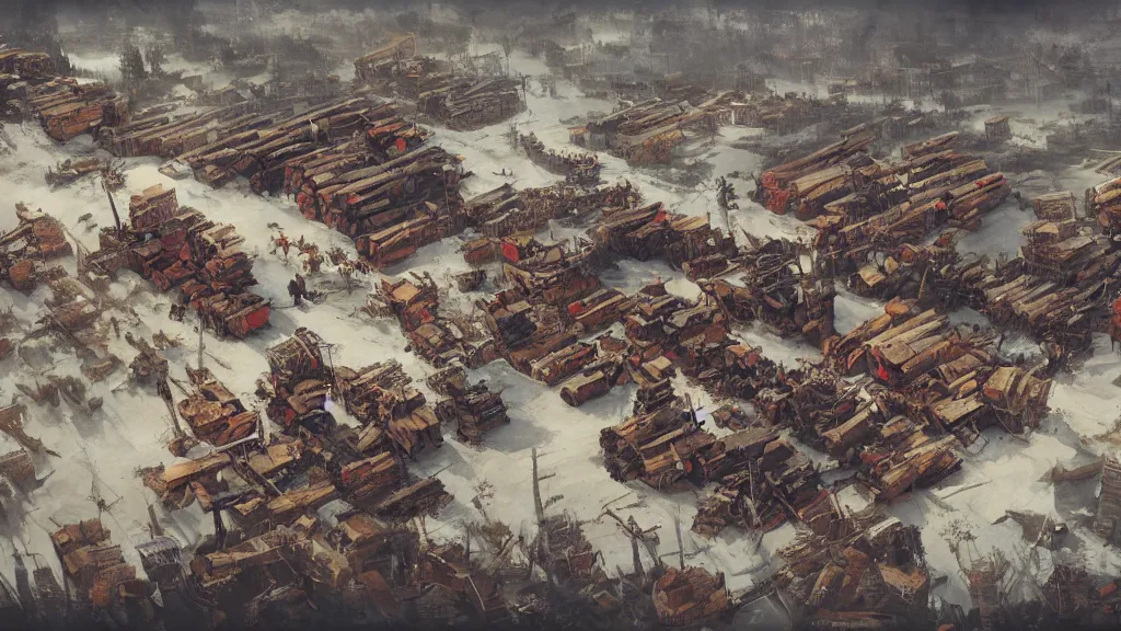 Image similar to top down view of lumberyard with lumberjacks, papyrus, watercolored, jakub rozalski, dark colours, dieselpunk, artstation