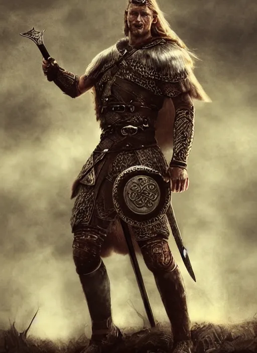 Prompt: aesthetic digital illustration of alexander skarsgard as a kneeling viking warrior, by anne stokes | dirty and bloody, concept art, character concept, matte background. unreal engine, finalrender, centered, deviantart, artgerm