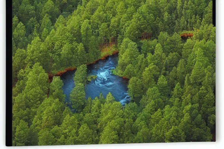 Image similar to top down view of lush pine forest, many witch houses, river flowing through the forest by thomas cole by justin gerard