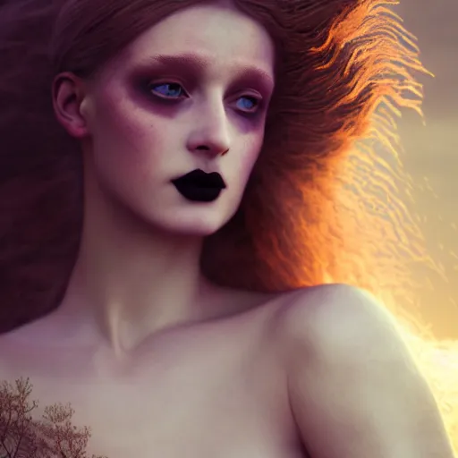 Image similar to photographic portrait of a stunningly beautiful female renaissance germanic goth pagan, in soft dreamy light at sunset, god rays, contemporary fashion shoot, by edward robert hughes, annie leibovitz and steve mccurry, david lazar, jimmy nelsson, breathtaking, 8 k resolution, extremely detailed, establishing shot, artistic, hyperrealistic, perfect face, octane render