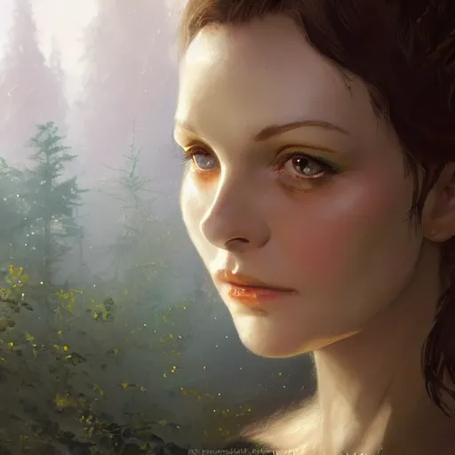 Prompt: closeup portrait of a young vivian leigh with elf ears, forest background, megacity, high fantasy, dramatic light, gorgeous view, depth, high detail, digital art, painted by greg rutkowski, trending on artstation