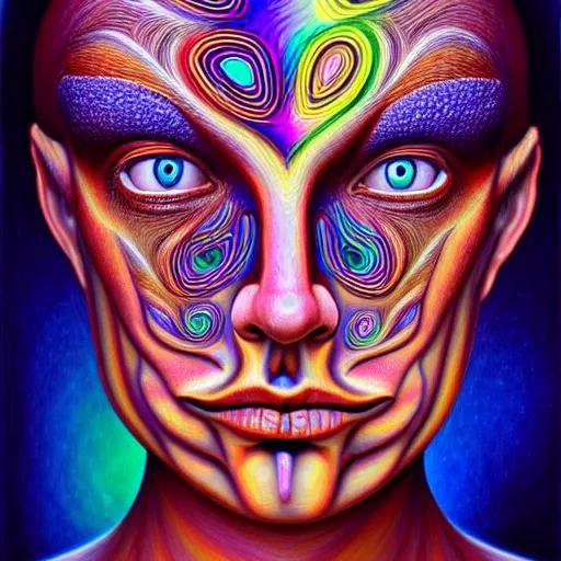 Image similar to An extremely psychedelic portrait of Alex Gray, surreal, LSD, face, detailed, intricate, elegant, lithe, highly detailed, digital painting, artstation, concept art, smooth, sharp focus, illustration