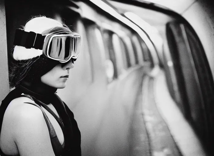 Prompt: close - up portrait of a young woman wearing a choker and ski goggles, in a subway, richard avedon, tri - x pan