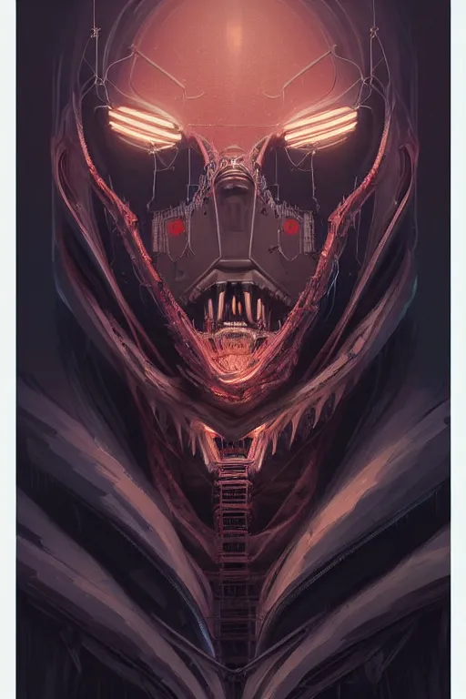 Image similar to professional concept art symmetrical portrait of a horror robotic nightmare species in deep dark room by artgerm and greg rutkowski. an intricate, elegant, highly detailed digital painting, abstraction, concept art, smooth, sharp focus, illustration, in the style of cam sykes.