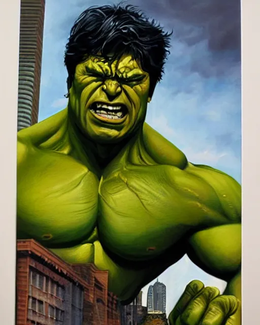 Prompt: a moody oil painting of the incredible hulk looking angry at noon in a city by joe jusko.