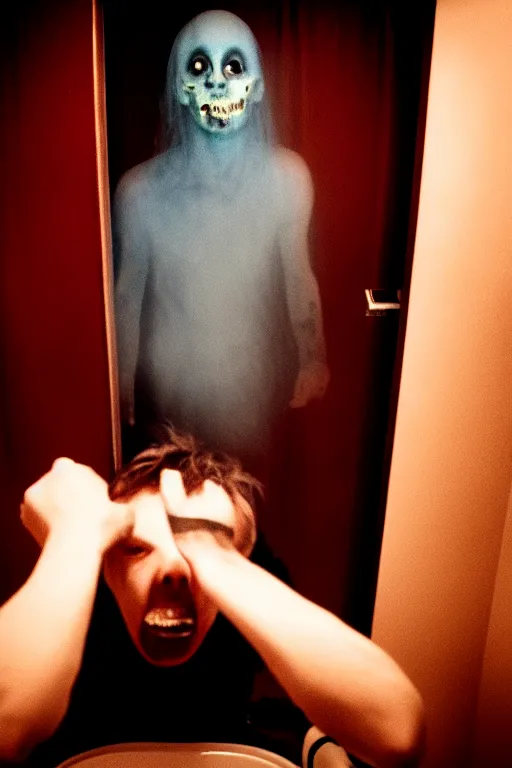 Prompt: a still shot portrait of a scary male drug addict zombie ghost jumpscare to camera in a hotel room, horror