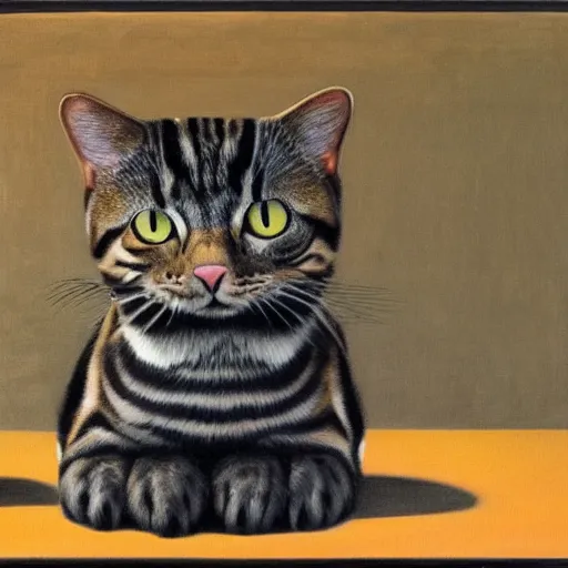Image similar to painting of a mackerel tabby cat by rene magritte, hd, 4 k, detailed, award winning, orange, white, black