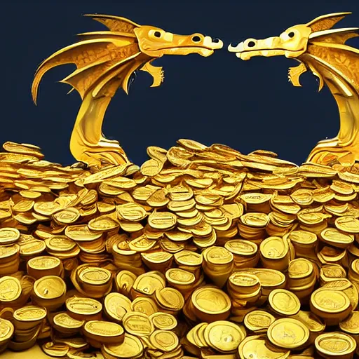 Image similar to bank filled with golden coins operated by dragons, cartoon