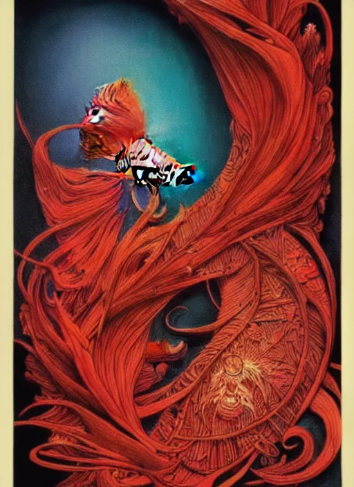 Prompt: red betta fish by james jean and frank frazetta + black paper with intricate and vibrant blue line work + tarot card + mandelbulb fractal + full of golden layers + portrait + trending on artstation + incredible black and red gothic illustration + exquisite detail, minimal