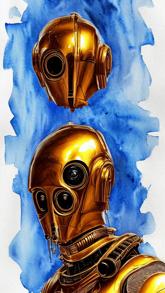 Image similar to a portrait of c - 3 po in a watercolor style. faded wash. color harmony, 8 k detail, gallery quality, hd wallpaper, premium prints available, hyper - detailed, intricate design.