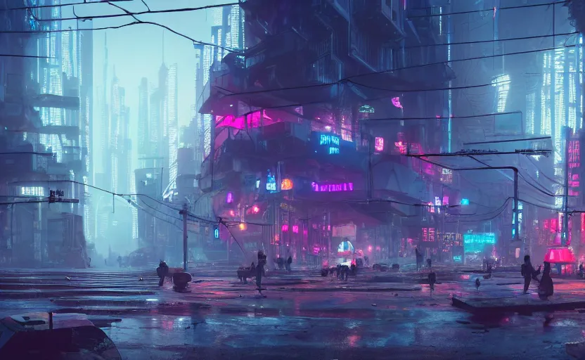 Prompt: matte painting environment design of dystopian cyberpunk city with neon lights, people on the streets being monitored by flying drones, trending on artstation, painted by dreadjim, eddie mendoza, james paick, ultra realistic, volumetric lighting, 4k, octane render