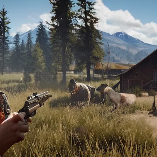 Image similar to queen elizabeth as an npc in far cry 5, ingame screenshot, 1080p