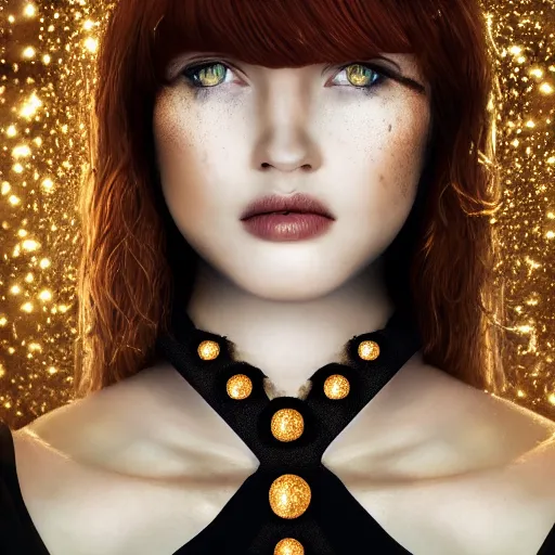 Image similar to redhead girl in black dress in beautiful castle, black pearls and golden gems, glowing eyes, light freckles, portrait, conceptart, medium shot, unreal, octane, symmetrical, photorealism