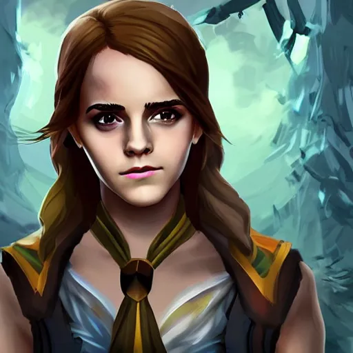 Image similar to Emma Watson in the style of the game League of Legends, with a background based on the game League of Legends, detailed face, old 3d graphics