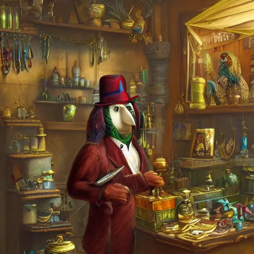 Image similar to Anthropomorphized parrot trader in his shop, selling his wares, portrait, items, gold, carpet, window, sly l, cunning expression, presenting wares, holding a gold bag, D&D, fantasy, cinematic lighting, highly detailed, digital painting, artstation, concept art, smooth, sharp focus, illustration, warm light, cozy warm tint, magic the gathering artwork, volumetric lighting, 8k, art by Akihiko Yoshida, Greg Rutkowski