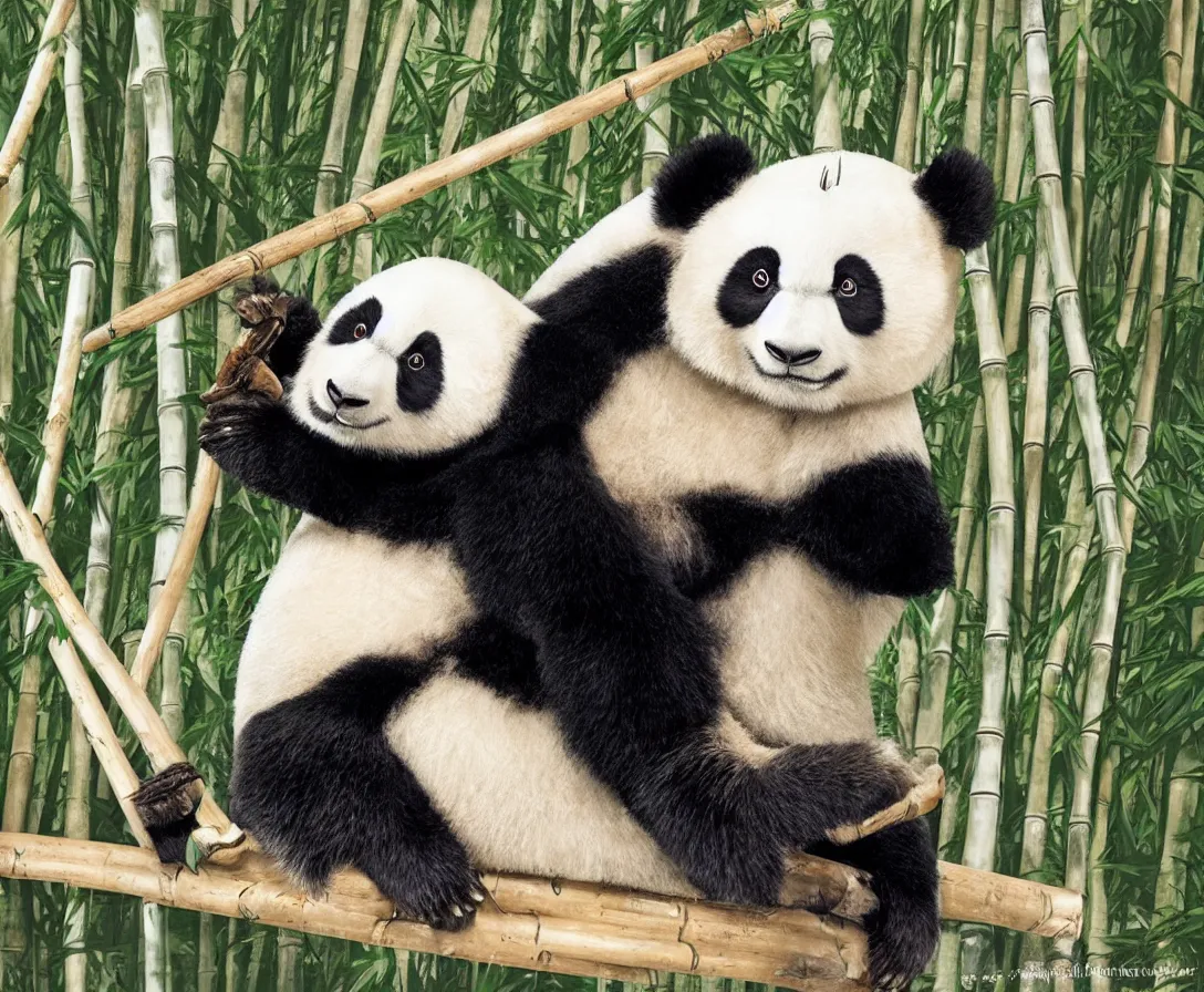 Image similar to anime panda sitting on a bamboo throne, game of thrones
