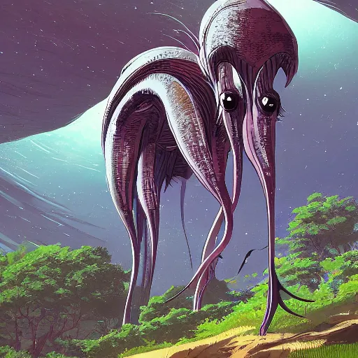 Image similar to concept art painting of alien animal creatures, detailed, cel shaded, in the style of makoto shinkai and moebius and james gurney