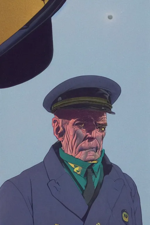 Prompt: a closeup portrait of an old policeman taking mind altering drugs, a blotter paper of lsd acid and dreaming psychedelic hallucinations in the vast icy landscape of antarctica, by kawase hasui, moebius, edward hopper, colorful flat surreal design, hd, 8 k, artstation
