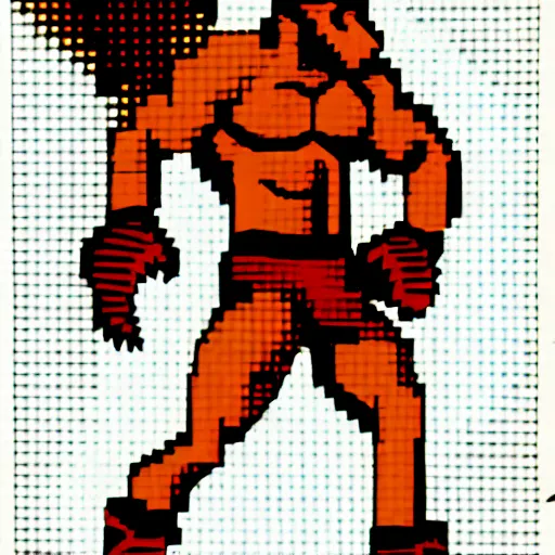 Image similar to full body portrait. 1 6 bit sega graphics. antropomorphic muscular masculine wolf, kickboxer fighter, in shorts, in front of burning street. wolf head. furr on body. at night. 1 9 8 9