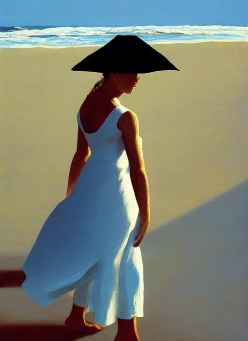 Prompt: a portrait of an beautiful young girl walking on a beach, highly detailed, dramatic lighting, intense shadows, rich deep colours, by jack vettriano