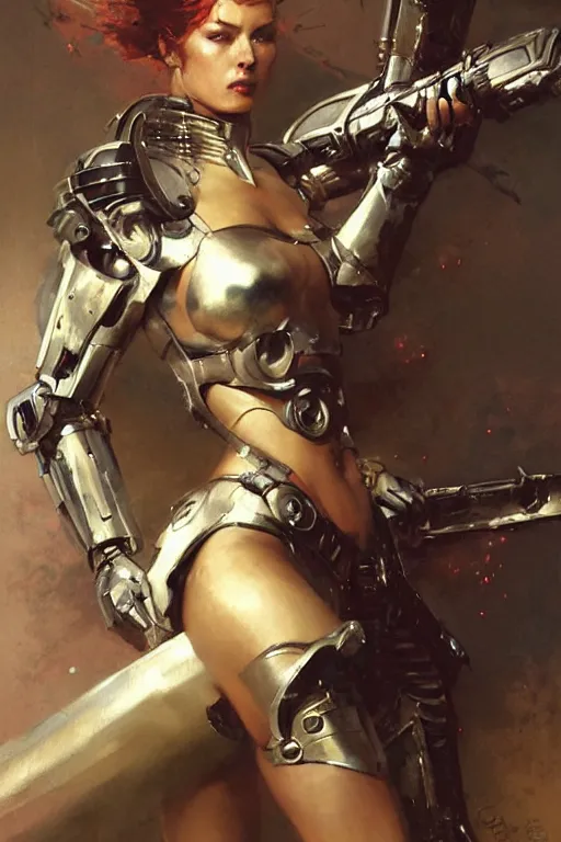 Image similar to futuristic women with medieval armor cyborg fighting dynamic poses, holding a gunsword, detail, beautifull face, no blur, painting by gaston bussiere, craig mullins, greg rutkowski, yoji shinkawa, sorayama