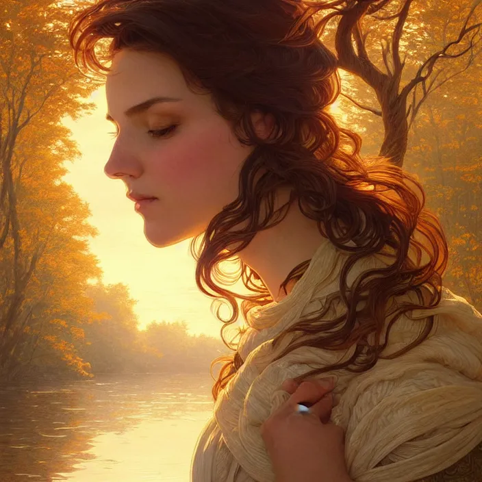 Image similar to a woman with short wavy hair, round face, cottagecore!!, river, trees, golden hour, intricate, elegant, highly detailed, digital painting, artstation, concept art, smooth, sharp focus, illustration, art by artgerm and greg rutkowski and alphonse mucha