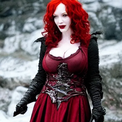 Prompt: photo of christina hendricks as a vampire warrior with daggers