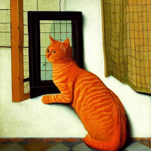 Image similar to a painting of an orange cat staring profoundly into the window, a detailed painting by johannes vermeer, behance, american scene painting, dutch golden age, detailed painting, academic art